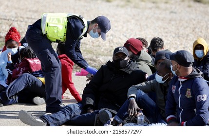 Dungeness, Kent, UK, 20th May 2022, Migrants Arrive After Being Rescued In The English Channel By RNLI Lifeboat.