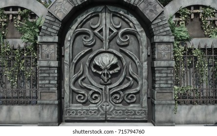 Dungeon Door. Details Of Halloween Decoration At Haunted House Mansion, Big Skeleton Head On The Entrance Door.