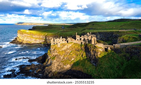 Dunluce Castle in Northern Ireland aerial view - An aerial view capturing the stunning historical ruins, beautifully set against a picturesque coastal landscape - Powered by Shutterstock