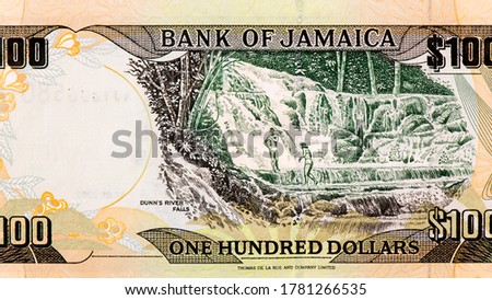 Dunn's River Falls on Dunn's River. Portrait from Jamaica 100 Dollars 2003-2010 Banknotes. 
