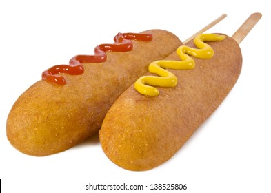 Duo Of Corn Dog, Isolated On White Background. Close Up.