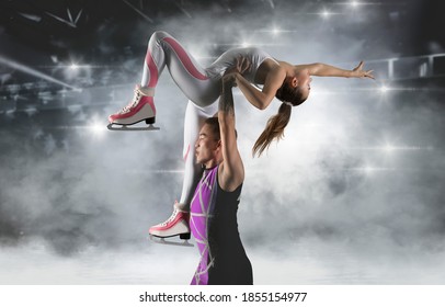 Duo Figure Skating In Action On Smoke Background. Sports Banner