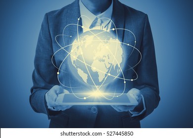 Duo Tone Graphic Of Business Person And Worldwide Network Concept Visual