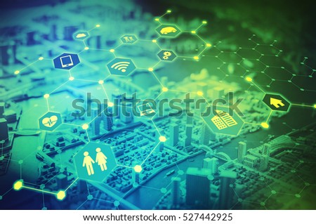 Duo tone graphic of Internet of Things concept abstract, smart city, smart grid, sensor network, environmental monitoring