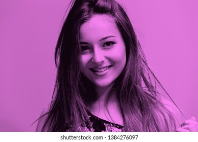 Duo Tone Portrait Of Young Woman Purple