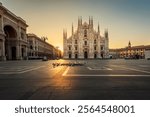 Duomo , amazing Milan gothic cathedral at sunrise,Italy,Europe.Horizontal photo with copy-space.