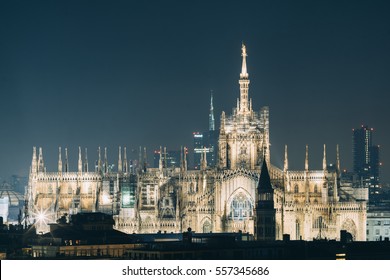 Duomo Di Milano With Milan Skyline By Night