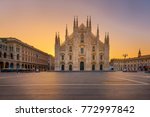 Duomo , Milan gothic cathedral at sunrise,Europe.Horizontal photo with copy-space.