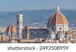 Duomo Santa Maria Del Fiore and Bargello aerial timelapse in the morning aerial top view from Piazzale Michelangelo in Florence, Tuscany, Italy. Close up