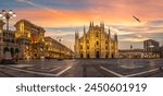 Duomo square and Milan Cathedral at sunrise, Italy
