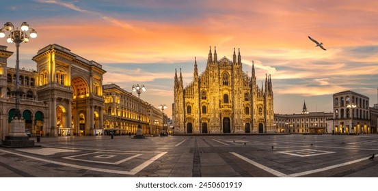 Duomo square and Milan Cathedral at sunrise, Italy - Powered by Shutterstock