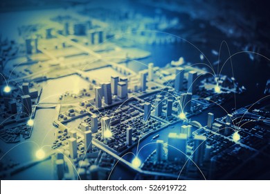 duotone graphic of smart city diorama and communication network concept IoT(Internet of Things), ICT(Information Communication Technology), digital transformation, abstract image visual
