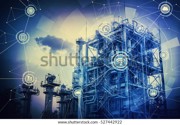 duotone graphic of smart factory conceptual\
abstract, Internet of\
Things