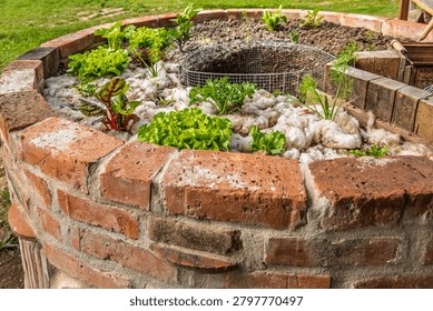 Durable raised bed with an opening for a composter and vegetable scraps, covered with raw sheep wool as mulch that suppresses weeds
