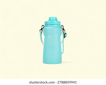 Durable teal plastic hydration bottle with convenient carrying handle strap