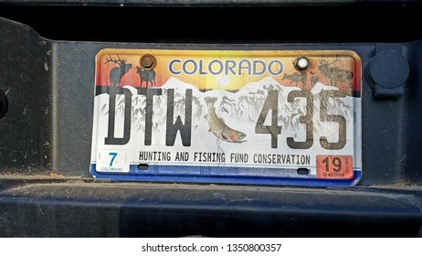 Durango, Colorado - March 26, 2019: License Plate Hunting And Fishing Fund Conservation