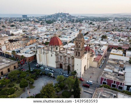 Durango, Durango / Mexico - May 2019: Beautiful aerial view of Santa Ana's church in Durango city, and skyline view
