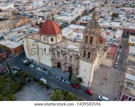 Durango, Durango / Mexico - May 2019: Beautiful aerial view of Santa Ana's church in Durango city, and skyline view