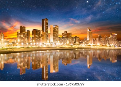 Durban city beachfront buildings illuminated at night in KwaZulu Natal South Africa