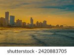 Durban golden mile beach with white sand and skyline KZN South Africa