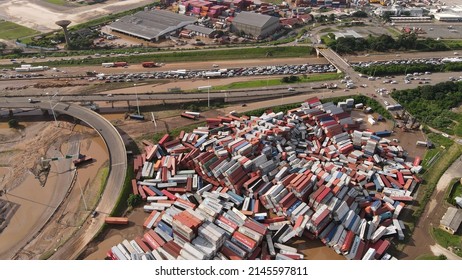 Durban, KwaZulu Natal - 04 13 2022: Shipping container terminal destroyed in floods