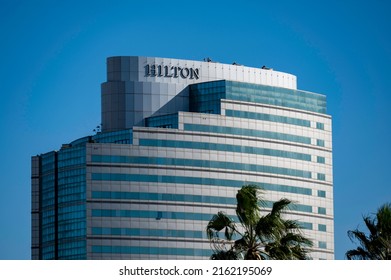 Durban, Kwazulu Natal, South Africa - May 30 2022:  The upmarket Hilton hotel near the beachfront of the main beach in Durban, South Africa.  A very luxurious stay in a holiday city. 