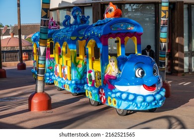 Durban, Kwazulu Natal, South Africa - May 31 2022:  An kids' entertainment train.  Photographed at Ushaka Marine World, Durban, South Africa.  Fun and a treat for kids.