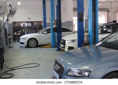 Durban, KZN, South Africa, June 10 2020: Audi Service Centre With 3 Audis Lined Up 