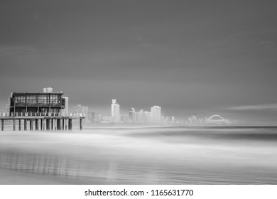 Durban Pier And Beachfront At Night, Black And White Long Exposure