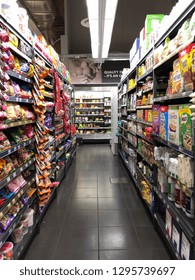 DURBAN, SOUTH AFRICA - 9 JANUARY 2019: Looking down the aisle of a grocery store in South Africa. 68% of South Africa’s R474 billion food industry is accounted for by traditional retail. Editorial.
