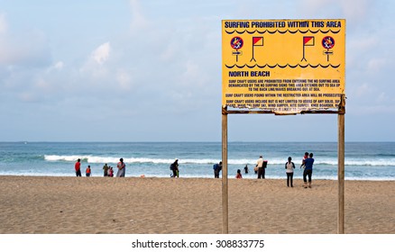 DURBAN, SOUTH AFRICA - AUGUST 17, 2015: No Surfing Sign At North Beach On The Golden Mile Promenade