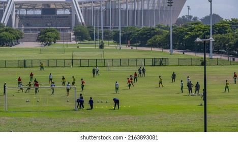 Durban, South Africa, February 23, 2022: Training session of the Lamontville Golden Arrows team in Front of the Moses Mabhida Stadion football stadium in Durban South Africa