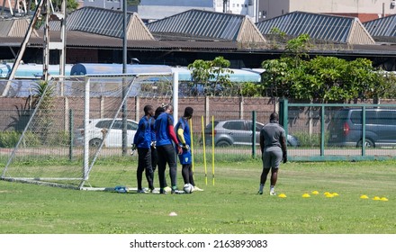 Durban, South Africa, February 23, 2022: Training session of the Lamontville Golden Arrows team in Front of the Moses Mabhida Stadion football stadium in Durban South Africa