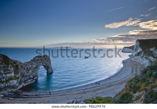 Durdle Door\
and Bat\'s Head on the Dorset\
coastline.