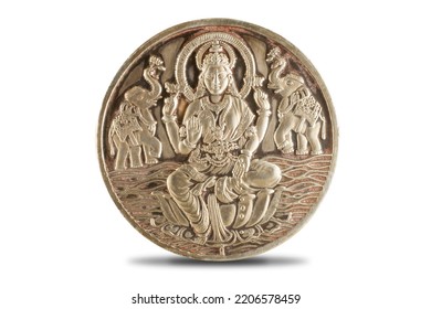 Durga, Saraswati or laxmi silver coin isolated on white background . indiaan god.