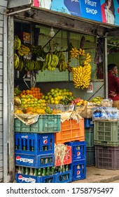 Durgapur/ India - June 17,2020.  Various Types Of Fresh Fruits With Soft Drinks Bottle, Displayed In A Fruit Stall.