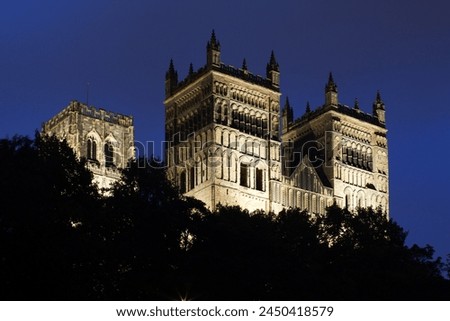 Durham Cathedral floodlit at dusk, UNESCO World Heritage Site, Durham, County Durham, England, United Kingdom, Europe