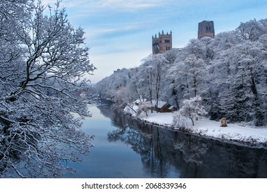 Durham Cathedral Towering over the River Wear with Frozen Trees. Durham City, County Durham England, UK.
