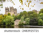 Durham Cathedral viewed from the riverside walk on the River Wear, Durham, England, UK