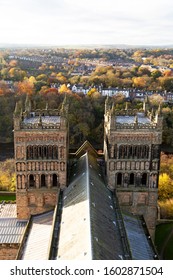 Durham City, County Durham / England - 13 November 2019: The rooftop and towers of Durham Cathedral in Durham City, England. The building is a UNESCO World Heritage Site.