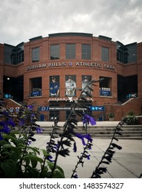 Durham/ NC/ USA - August 4, 2019: Facade Of The Durham Bulls Baseball Stadium