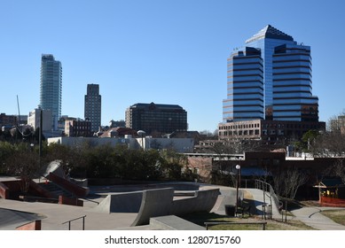 Durham, NC/United States- 1/11/2019: A partial view of the Durham skyline from downtown.  