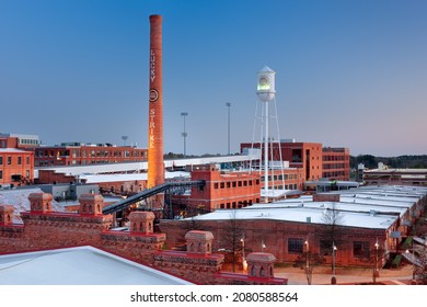 DURHAM, NORTH CAROLINA - MARCH 28, 2015: The American Tobacco Historic District. Once the headquarters of the American Tobacco Company, the site is now part of a downtown urban renewal project.