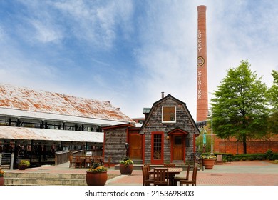Durham North Carolina USA - April 17, 2022: Bird eye view of American Tobacco Historic District. The district is a historic tobacco factory complex and national historic district located in Durham, NC