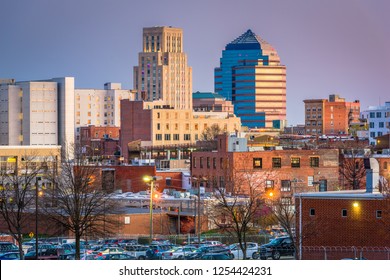 Durham, North Carolina, USA downtown skyline at twilight.