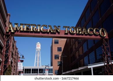Durham, North Carolina / USA - March 7, 2020: American Tobacco Campus sign in downtown Durham