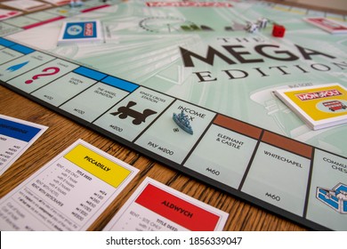 Durham, UK - 17th Nov 2020: Newley Released Mega Edition Monopoly. New Twist On Classic Fast-dealing Property Trading Board Game (Hasbro Games). Financial, Banking, Buying Property, First Home Concept