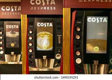 Durham, UK - 23rd August 2019: Costa Coffee Express Coffee Machine At A Motorway Service Station. Motorists Can Self Serve A Hot Caffeine Beverage Drink To Go To Ensure They Stay Awake Whilst Driving