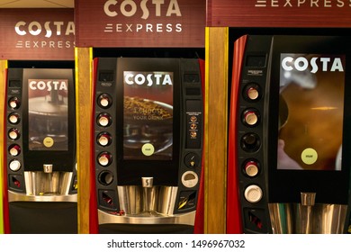 Durham, UK - 23rd August 2019: Costa Coffee Express Coffee Machine At A Motorway Service Station. Motorists Can Self Serve A Hot Caffeine Beverage Drink To Go To Ensure They Stay Awake Whilst Driving