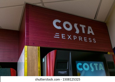 Durham, UK - 23rd August 2019: Costa Coffee Express Coffee Machine At A Motorway Service Station. Motorists Can Self Serve A Hot Caffeine Beverage Drink To Go To Ensure They Stay Awake Whilst Driving